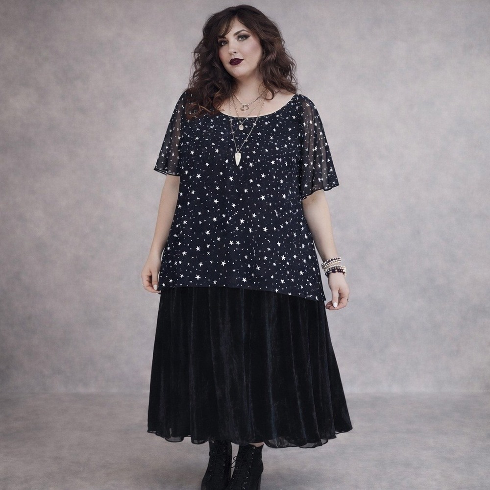 Blousology Midnight‎ Blue White Star Flutter Sleeve Blouse 2X Witchy Celestial